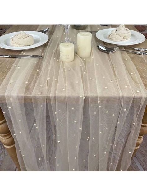 Elegant Polyester Table Runner With Faux Pearl Accents - Woven Solid Color Rectangular Table Cover For Wedding Arch, Reception Decoration, And Christmas Holiday - Long White Sheer Tablecloth With Pearl Decor Champagne    Polyester     Event & Party Supplies, size features are:Bust: ,Length: ,Sleeve Length: