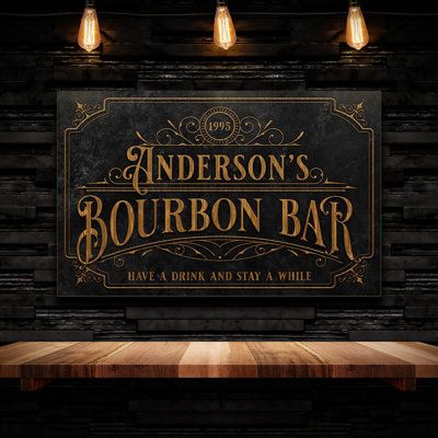 This is the only piece you’re missing to create the ultimate bourbon corner where all the good stuff really happens. This bourbon bar sign marks your territory in vintage style and celebrates your love for fine spirits like no other. Our dedicated in-house artisans expertly craft each bar sign to achieve every bourbon lover’s dream of having a fancy home bar or den with an old world charm and feel to it. This bar sign can be personalized with a name, a landmark year, and a catchy phrase which is Bourbon Stave Wall, Moody Bourbon Room, Unique Bar Tops, Bourbon Wall Display, Bourbon Closet, Bourbon Office, Home Whiskey Bar, Speakeasy Room Ideas, Bourbon Painting