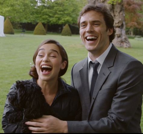 Something off camera must have made them laugh.  Sam Claflin, Emilia Clark Me Before You. A screenshot of a behind the scene feature of the movie that I bought off ITunes. Romcom Movies, Sam Claflin, Septième Art, I Love Cinema, Movie Couples, Emilia Clarke, Romantic Movies, Love Movie, Romance Movies