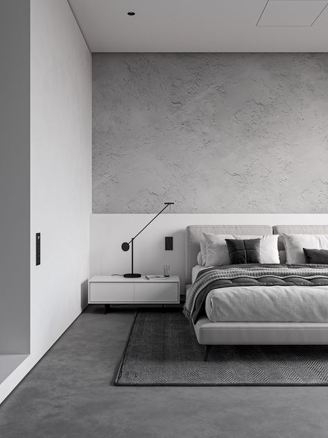 Concrete Bedroom, Monochrome Living Room, Monochrome Bedroom, Bedroom Redesign, Modern Minimalist Bedroom, Interior Design Per La Casa, Minimalist Bedroom Design, Clean Bedroom, Bilik Tidur