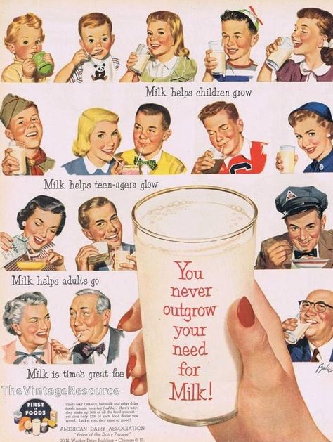 1950's Milk ad Milkman Aesthetic, American Kitsch, 50s Ads, Milk Ads, 1950s Ads, 1950s Advertising, Milk Man, Farm Craft, Vintage Food