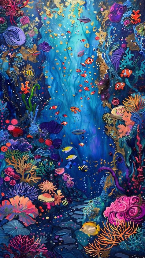 Vibrant Marine Life: A stunning underwater scene brimming with vibrant coral and playful fish amidst a mystical seascape. #oceana #vibrant #coral #fish #underwater #art #painting #colorful #aiart #aiphoto #stockcake https://ayr.app/l/a6DM Underwater Art Background, Seacreatures Underwater Painting, Coral Reef Art Painting, Ocean Art Background, Drawing Underwater Scenes, Colorful Fish Illustration, Sea Life Art Underwater, Underwater Fish Painting, Marine Life Art Paintings