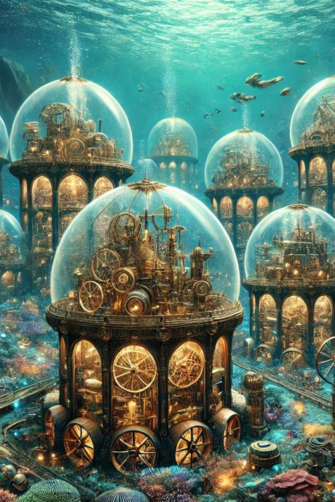 Explore the stunning steampunk oceanic biodomes, where advanced hydro-powered technology and bioluminescent coral reefs create a vibrant and eco-friendly underwater city. Fantasy Ocean City, Bioluminescent Coral, Underwater Facility, Underwater Civilization, Steampunk City, Steampunk Aesthetic, Underwater City, Renewable Sources Of Energy, Green Technology