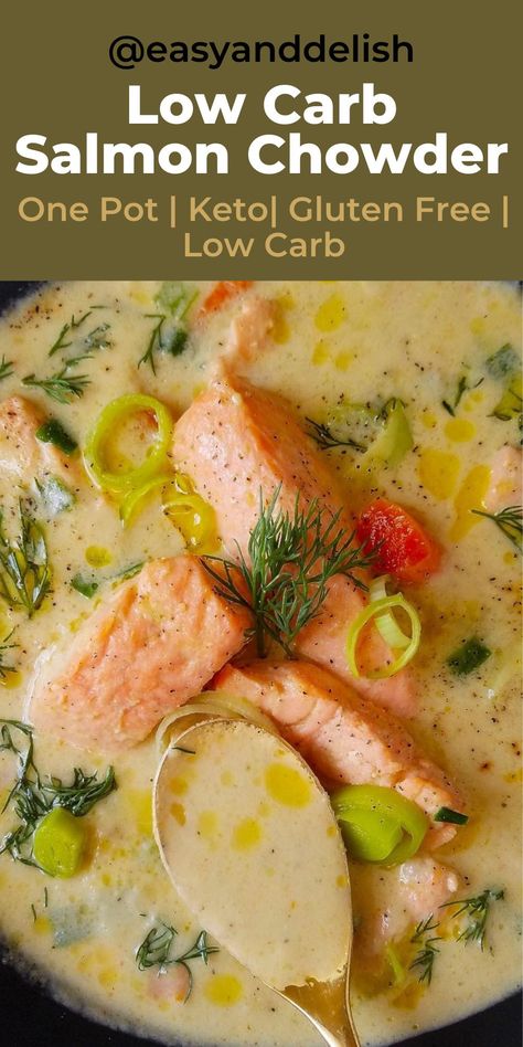 Salmon Chowder Recipe Easy, Fish Soup Recipe, Salmon Chowder Recipe, Salmon Soup, Low Carb Salmon, Salmon Chowder, Keto Gluten Free, Low Carb Snack, Fish Soup