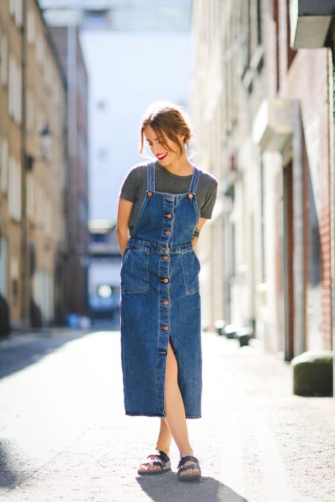 Top by  Brandy Melville, Dungaree dress by Monki, Shoes by Birkenstock Long Denim Skirt Outfits, Skirt Outfits For Women, Modest Chic, Fav Outfit, Fashion Dresses For Women, Skirt For Work, It Professional, Middle Eastern Fashion, Glamorous Fashion