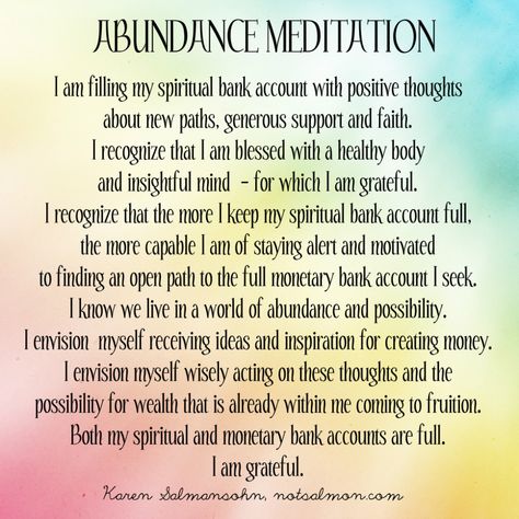 Looking for a powerful abundance meditation so you stay focused & confident about achieving financial goals? Check out this script by Karen Salmansohn Guided Imagery Scripts, Metta Meditation, Guided Meditation Scripts, Gratitude Meditation, Meditation Scripts, Guided Imagery, Meditation Prayer, Abundance Affirmations, Money Affirmations