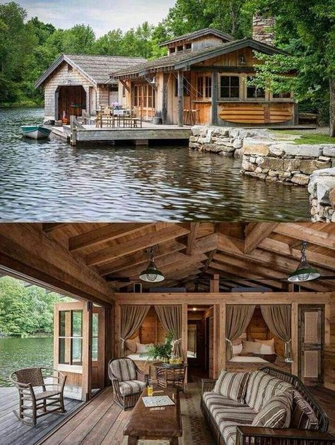 I found this photo on a french site that had a roundup of great cabins. The folding door technique to the living room/porch was pretty ... (via glen) Lake Houses, Casa Country, Log Cabin Homes, Lake Cabins, Inside And Outside, Cabins And Cottages, Cabin Life, Modern Country, Cabin Homes