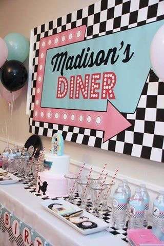 Madison’s 50s Diner  | CatchMyParty.com Diner Birthday Party, 50s Party Decorations, Grease Themed Parties, 50s Birthday, 50s Theme, Grease Party, 50s Theme Parties, 80's Vibes, Retro Birthday Parties