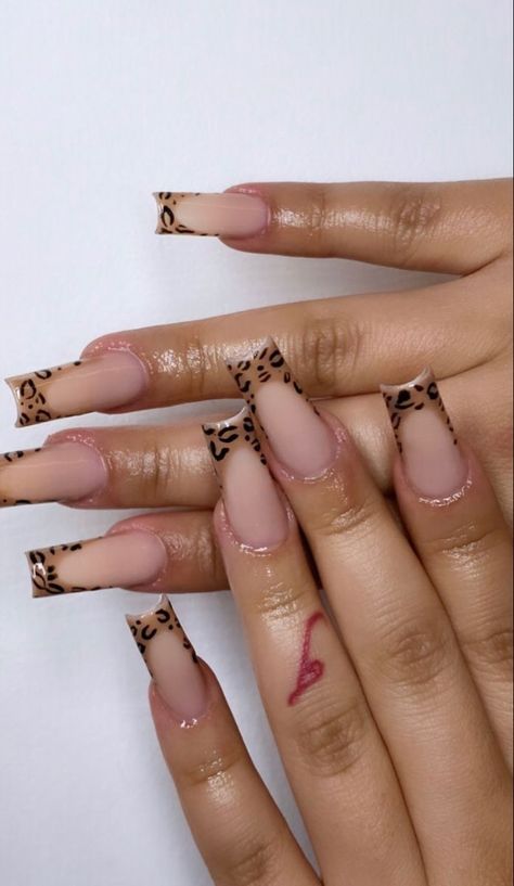 Cheetah French Tip Nails, Cheetah French Tip, French Tip Set, Nails Cheetah, Stilleto Nails Designs, Cheetah Nails, Girly Acrylic Nails, French Tip Acrylic Nails, Dope Nail Designs