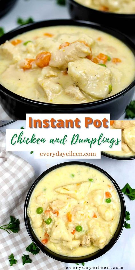 Instant Pot Chicken and Dumplings made with chicken stock, heavy cream, and veggies for a meal loaded with flavor and a comfort food classic. No canned cream soup is needed. This Instant Pot chicken dinner is ready in 30 minutes. A great quick dinner or busy day meal. Chicken Dumplings Easy, Instant Pot Chicken And Dumplings, Ip Chicken, Southern Comfort Food, Healthy Chicken Recipes Easy, Chicken Thigh Recipes Oven, Chicken Thigh Recipes Crockpot, Pressure Cooker Chicken, Boneless Chicken Thigh Recipes