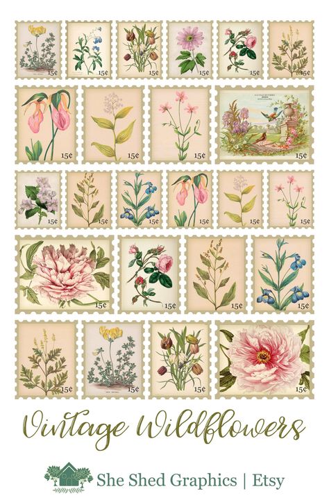 Vintage Floral Stamps, Journal Stamps Printable, Printable Stamps Vintage, Flower Postage Stamps, Vintage Postage Stamps Printable, Stamp Stickers Printable, Vintage Stamps Printable, Aesthetic Stamps, Stamps Aesthetic