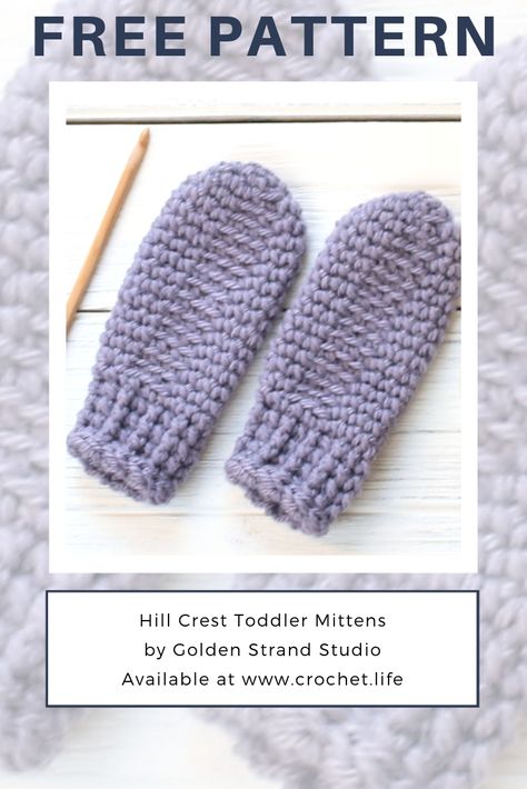 Easy to crochet thumbless mittens for toddler. Free crochet pattern by GoldenStrandStudio.com / Crochet.Life - Hill Crest Mittens Thumbless Mittens, Crocheted Mittens, Diy Mittens, Crochet Baby Mittens, Mitten Pattern, Crochet Mittens Free Pattern, Toddler Mittens, Crochet Mittens Pattern, Diy Crochet Patterns