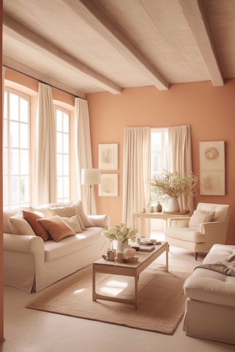 Peach Colour Interior, Peach Beige Aesthetic, Light Peach Walls Living Room, Peachy Living Room, Salmon Walls Living Room, Happy Room Colors, Salmon Pink Living Room, Peach Beige Paint, Light Orange Living Room Walls