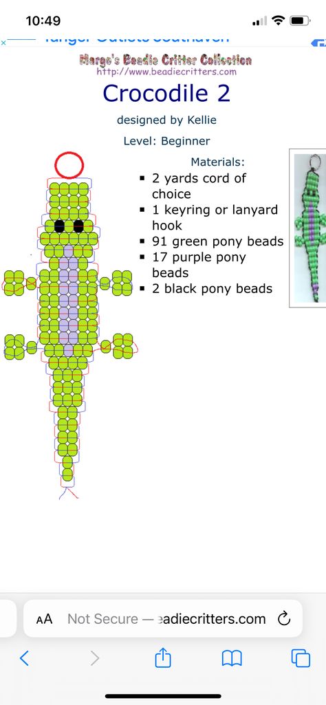 Pony Bead Crocodile, Pony Bead Patterns, Mini Charm, Adventure Camping, Beaded Animals, Beaded Keychains, Pony Beads, Beading Patterns, Beads