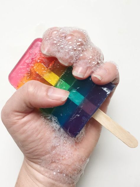 Find me a dirty kid who could refuse one of these DIY Rainbow Soap Popsicles.  I dare you.  They look good enough to eat, but I promise they will get you squeaky clean and not taste very good.  Not only...  keep reading  >> Eyeglasses Necklace, Orange Christmas Tree, Rainbow Popsicles, Rainbow Soap, Mushroom Stool, Diy Soap Recipe, Diy Rainbow, Game Boards, Board Art