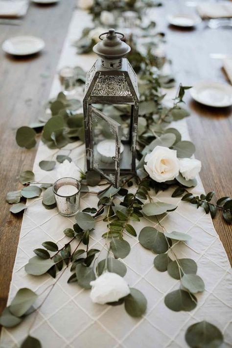 40 Lantern Centerpiece Ideas to Light Up Your Wedding Reception Simple Table Centerpieces, Rose Gold Candle Holder, Floating Centerpieces, Eucalyptus Centerpiece, Hanging Centerpiece, Vine Decoration, Reception Tablescapes, Lantern Centerpieces, Diy Arrangements