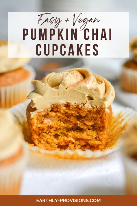 These Vegan Pumpkin Chai Cupcakes are well-spiced and quick to make. This is the perfect easy vegan dessert to make for Fall! Vegan Pumpkin Chai Cupcakes, Vegan Pumpkin Pie Cups, Eggless Fall Desserts, Vegan Pumpkin Spice Cupcakes, Vegan And Gluten Free Baked Goods, Vegan Fall Desserts Easy, Dairy Free Pumpkin Cupcakes, Best Vegan Cupcakes, Best Vegan Gluten Free Desserts