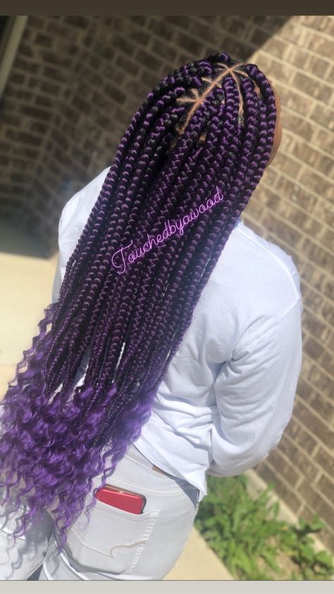 Box Braids Hairstyles Purple And Black, Purple Hair Braids Hairstyles, Braids With Purple Hair, Purple And Black Hair Braids, Box Braids Hairstyles Purple, Purple Box Braids With Curly Ends, Goddess Braids With Purple, Knotless Box Braids Purple, Purple Twists Black Women