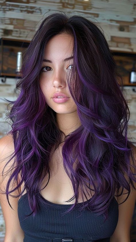 Dark Brown And Purple Hair Split Dye, Under Side Hair Dye, Purple Bottom Hair, Violet Hair With Money Piece, Colorful Hair For Brunettes, Dark Brown And Colored Hair, Purple Hair On Brunette, Mom Hair Color Ideas Dark, Peekaboo Hair Color Purple And Brown