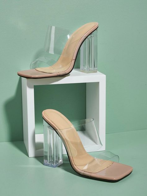 Elegant Shoes Heels, Clear Mules, Fancy Heels, Shein Shoes, Lucite Heels, Clear Shoes, Heeled Mules Sandals, Bridesmaid Shoes, Shoe Inspo