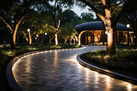 Accent Lighting driveway entrance House Road Entrance, Entrance To Driveway Ideas, Drive Entrance Landscaping, Incline Driveway Ideas, Shrub Lined Driveway, Long Winding Driveway, House Driveway Ideas Entrance, Half Circle Driveway Ideas Front Yards, Circle Drive Landscaping Ideas