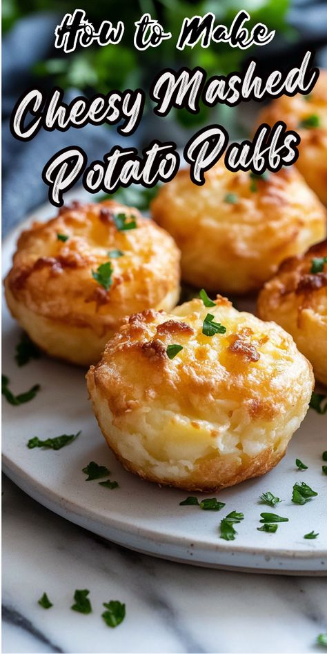 Cheesy Mashed Potato Puffs Swiss Potato Puffs, Mashed Potatoes Puffs Recipe, Cheesy Mash Potato Puffs, Cheese Potato Balls Recipe, Cheese Mashed Potato Puffs, Mashed Potatoes In Muffin Tin Recipe, Mashed Potato Cupcakes, Mashed Potato Puffs Muffin Tins, Mashed Potatoes Cheese Puffs