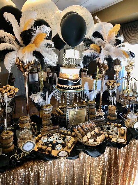 Roaring 20s Candy Table, Flappers Birthday Party, Brick Backdrop Party Ideas, Black And Gold Party Decorations Outdoor, Gabsty Theme Party, Masquerade Party Dessert Table, Roaring 60s Party, Masquerade 60th Birthday Party, Great Gatsby Themed Birthday Party