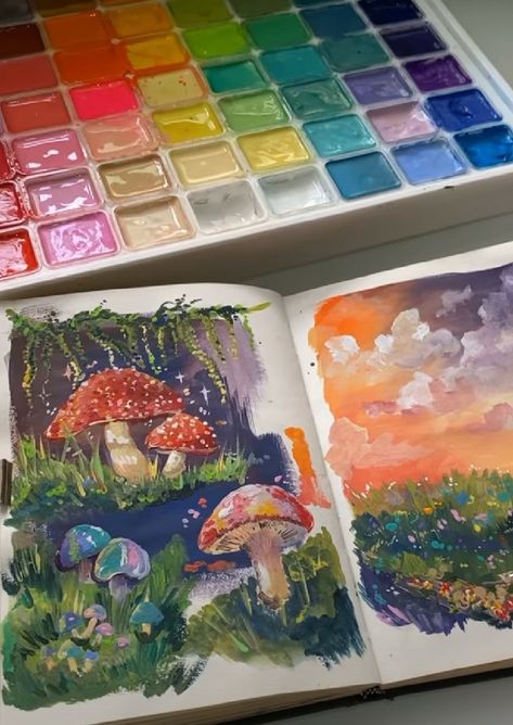 it's a beautiful gouache painting in indie style,with alot colours. you can see mushrooms in a forest and a sunset/sunrise:) just enjoy the view Canvas For Beginners, Soyut Sanat Tabloları, Gouache Art, Seni Cat Air, Sopot, 수채화 그림, Lukisan Cat Air, Arte Inspo, Arte Sketchbook