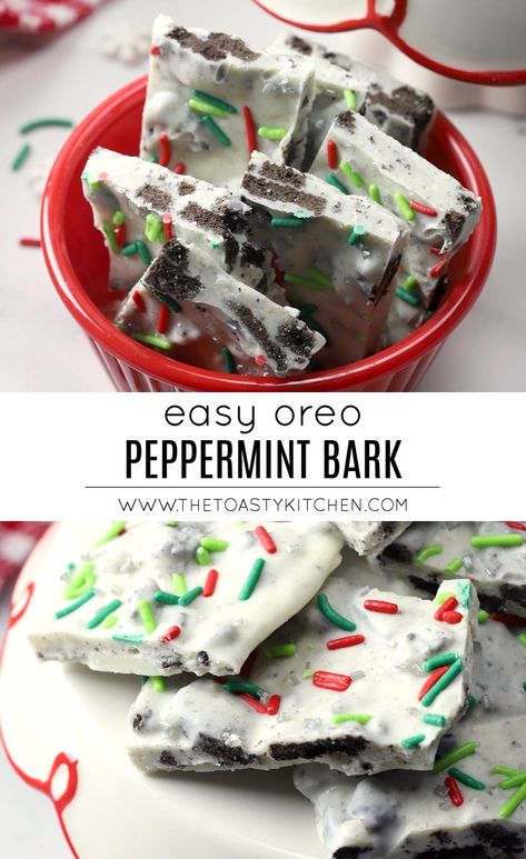 Oreo Peppermint Bark Recipe - Easy No-Bake Holiday Candy - by The Toasty Kitchen #candy #oreobark #oreos #peppermintbark #peppermint #nobake #candyrecipe #holiday #christmas #winter #homemade Oreo Bark, Peppermint Bark Recipes, Princess Pinky Girl, Pinky Girl, Easy Christmas Treats, Christmas Baking Recipes, Chocolate Oreo, Candy Recipes Homemade, Christmas Candy Recipes