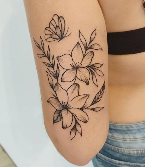 Floral Thigh Tattoos With Butterflies, Multiple Arm Tattoos For Women, Flower Tattoos Linework, Upper Elbow Tattoos For Women, Girly Arm Tattoos, Above Elbow Tattoo, Tattoos For Women Flowers, Elbow Tattoos, 4 Tattoo