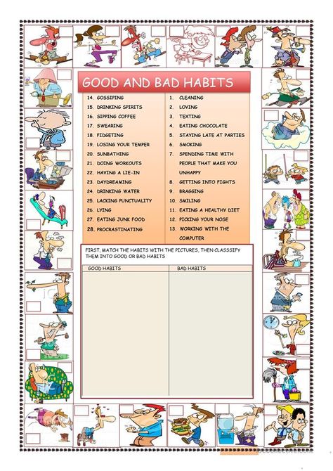 GOOD AND BAD HABITS - English ESL Worksheets for distance learning and physical classrooms Habits Worksheet, Reading Comprehension Kindergarten, Kids Worksheets, Action Verbs, English Fun, English Activities, Vocabulary Worksheets, Good And Bad, Health Habits