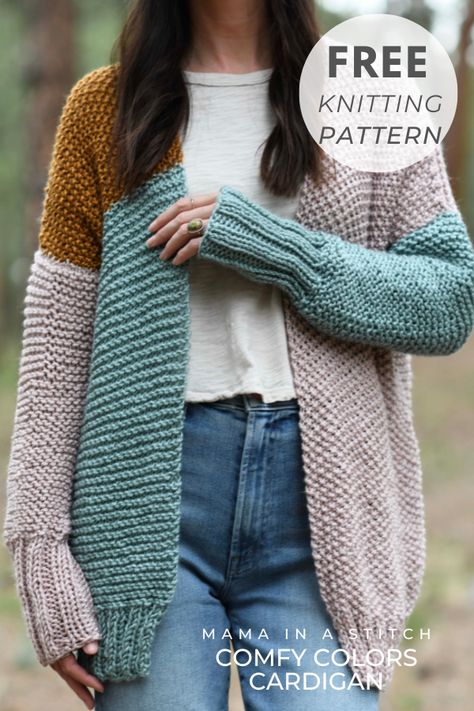 This easy cardigan knitting pattern is so pretty, and I love the colors! It's simple to make and there's a free pattern as well. via @MamaInAStitch Mama In A Stitch, Fall Knits, Knit Cardigan Pattern, Color Block Cardigan, Easy Knitting Patterns, Scarf Knitting Patterns, Crochet Cardigan Pattern, Needle Work, Knitting Kits