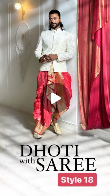 Rohit Bose on Instagram: "Mom’s 25 year old Banarasi saree put to good use ✨
How regal is this?🤩 👑
This draping style is a current favourite and here’s the draping tutorial since many of you asked me to share🫶🏼
#WeddingOutfit #WeddingGuest 

[men’s wear, saree draping, dhoti draping, indo western, cascade pleats, pleating, saree turorial, traditional, culture, ethnic]" How To Wear Dhoti For Men, Boys Indo Western Outfits, Ethnic Outfits For Men, Pleating Saree, Dhoti Style Dresses, Indo Western Outfits For Men, Dhoti Pants For Men, Indo Western Saree, Saree Wearing