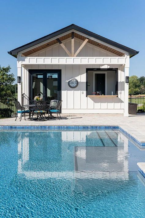 This modern farmhouse captures the beauty of the Blue Ridge Mountains Modern Farmhouse Pool, Small Pool House Ideas, Farmhouse Pool House, Small Pool House, Farmhouse Pool, Small Pool Houses, Pool Guest House, Pool Shed, Pool House Plans