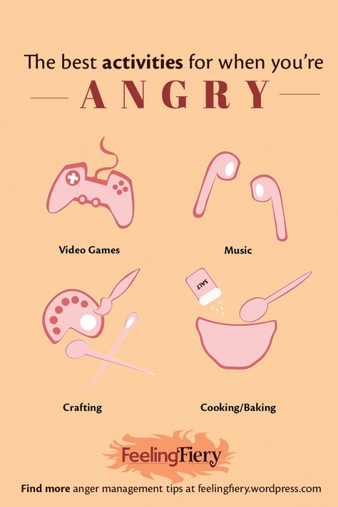 Dark text over a peach background reads "the best activities for when you're angry". Below are cartoons of a video game controller, airpods, and craft and baking supplies. The Feeling Fiery logo sits in the bottom middle of the infographic with text below it that reads "find more anger management tips at feelingfiery.wordpress.com. How To Control Anger Tips, Tips For Anger Management, Anger Management Activities For Women, Anger Management Tips, Anger Management Activities, How To Control Anger, Women Tips, Video Game Music, Calming Activities