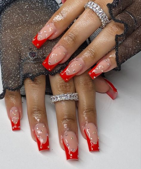 Red Tie Nails, Short Acrylic Red Nails Designs, Short Red Nail Designs Classy, Red Birthday Nails Acrylic Medium, Red Gemstone Nails, Red Acrylic Nails With Charms, Red French Tip Nails With Gems, Red Nails With Jewels, Red Outline Nails