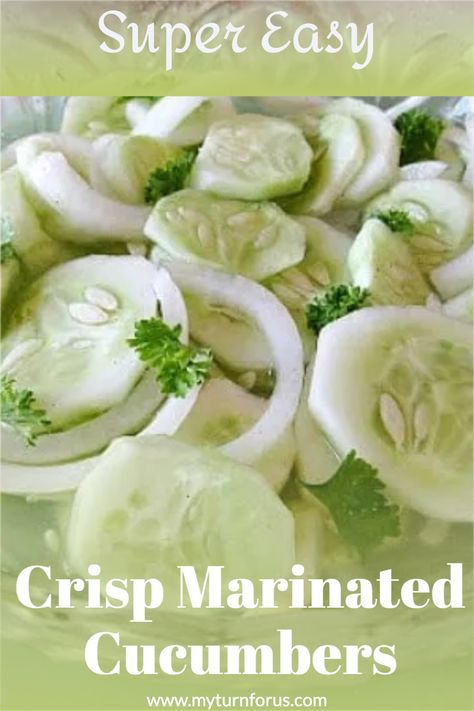 This Cucumber salad with vinegar is made with four ingredients cucumber vinegar sugar and celery salt. Delicious Marinated Cucumbers in vinegar is a great summertime dish. #CucumberSalad #MarinatedCucumbers #FreshCucumbers #SummerSideDish #PicnicRecipe #CucumbersOnionsVinegar #myturnforus Salt And Vinegar Cucumbers, Cucumber Salad With Vinegar, Cucumbers In Vinegar, Cucumber Onion Vinegar, Cucumber Vinegar, Cucumber Onion Salad, Cucumber Salad Vinegar, Easy Cucumber Salad, Vinegar Cucumbers