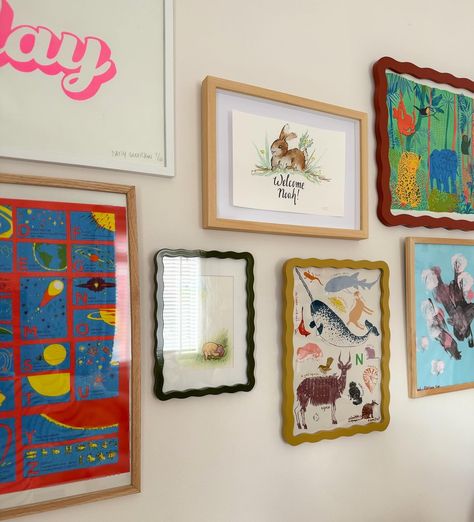 Boujie gallery wall for a boujie boy 🌝 But how many N animals did you get?! @gabriellamoxey.artist animal knowledge is second to none frankly Play print @daisyemerson Jungle and Space prints @eastendpress N animal print @gabriellamoxey.artist via @melittlelove Love, Katie x #wiggleframe #colourfulframe #design #kidsroom #kidsdecorideas #kidsdecor #toddlerroom #toddlerroomdecor #homedecor #interiors #interiordesign #homestyling #gallerywall #gallerywalldecor #kidsgallery Kids Art Framed, Kid Art Gallery Wall, Gallery Wall Kids Room, Nursery Gallery Wall Ideas, Playroom Gallery Wall, Fun Gallery Wall, Animal Knowledge, Kids Gallery Wall, Space Prints