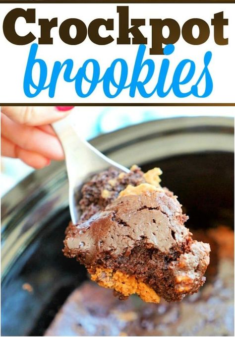 Crockpot brownies with cookies = brookies! Great slow cooker dessert that is ooey gooey with chocolate. #crockpotbrownies Crockpot Brownies, Brownies With Cookies, Crock Pot Brownies, Slow Cooker Dessert, Crockpot Dessert Recipes, Crock Pot Desserts, Baked Dinner, Chocolate Bites, Slow Cooker Desserts