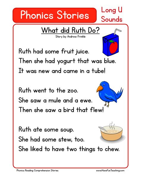 This Reading Comprehension Worksheet - What did Ruth Do? is for teaching reading comprehension. Use this reading comprehension story to teach reading comprehension. Phonic Stories, Phonics Stories, Alphabet Stories, English Preschool, Kids Programs, Phonics Reading Passages, Phonics Readers, Teaching Reading Comprehension, Reading Comprehension Kindergarten