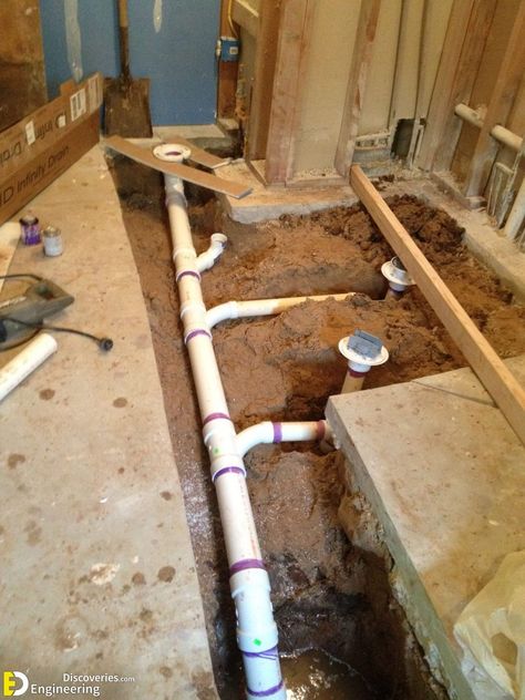 24+ Photos You Should See If You Want To Install Underground Plumbing - Engineering Discoveries Plumbing A Bathroom, Basement Bathroom Plumbing, Basement Toilet, Rough In Plumbing, Plumbing Layout, Pex Plumbing, Rough Plumbing, Plumbing Drains, Plumbing Problems