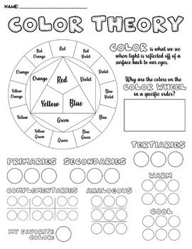 An introductory Color Wheel/Color Theory worksheet. I use this with my 6th graders while introducing color. Once we are finished going over the material, students complete this worksheet using colored pencils. (I only give them primaries and secondaries so they have to mix their tertiaries.) Student... Color Wheel Worksheet Elementary, Color Theory Art Projects, Color Wheel Project, Color Wheel Lesson, Color Theory Worksheet, Color Wheel Worksheet, Color Theory Lessons, Colour Wheel Theory, Color Wheel Projects