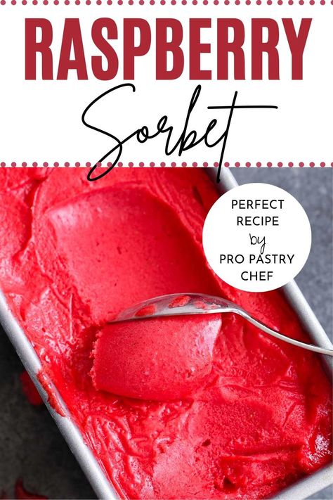 An easy professional Raspberry Sorbet is soft, delightfully tart, and bursting with fresh berry flavor! It can be made with store-bought purée or fresh raspberries! Recipes Using Raspberry Puree, Raspberry Puree Recipe Desserts, What To Make With Frozen Raspberries, What To Do With Fresh Raspberries, Recipes With Fresh Raspberries, Berry Sorbet Recipe, Raspberry Sorbet Recipe, Easy Dinner Party Desserts, Easy Vegan Cookies