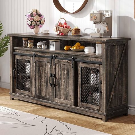 Amazon.com - DWVO Farmhouse Sideboard Buffet Cabinet, Coffee Bar Cabinet with 2 Sliding Barn Doors & 2 Visual Grid Doors, Rustic Storage Cabinet for Kitchen & Living Room, Dark Rustic Oak - Buffets & Sideboards Dining Room Bar Buffet, Farmhouse Coffee Bar Ideas, Storage Cabinet For Kitchen, Rustic Coffee Bar, Cabinet Coffee Bar, Farmhouse Buffet Cabinet, Rustic Storage Cabinets, Industrial Decor Kitchen, Cabinet For Kitchen