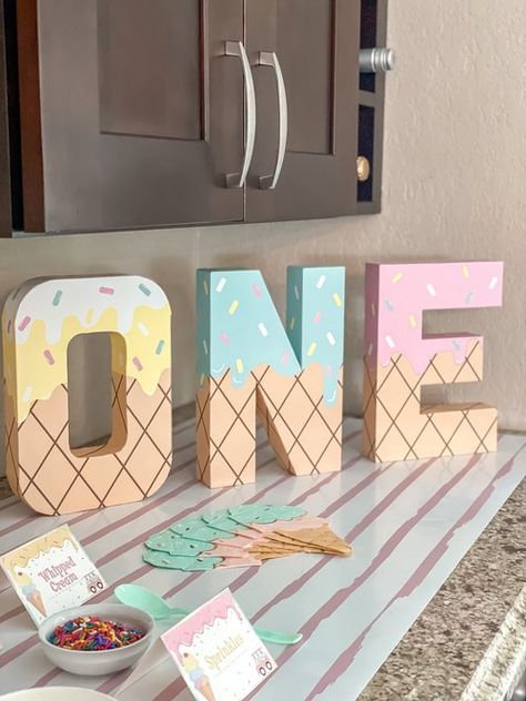 Ice Cream Letters, Ice Cream Birthday Party Theme, Ice Cream Party Theme, Ice Cream Party Decorations, Ice Cream Decorations, Ice Cream Birthday Party, Ice Cream Theme, Twin First Birthday, Diy Ice Cream