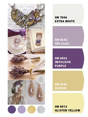 Lilac & Lavender Purple & Gold wedding colours by the perfect palette. Paint colors from Chip It! by Sherwin-Williams Purple Gold And Cream Wedding, Lavender And Gold Color Palette, Lilac And Gold Color Palette, Lilac And Rose Gold Wedding Color Schemes, Purple And Gold Palette, Lavender And Gold Bedroom, Purple Gold Color Palette, Purple And Gold Color Palette, Purple Pallet