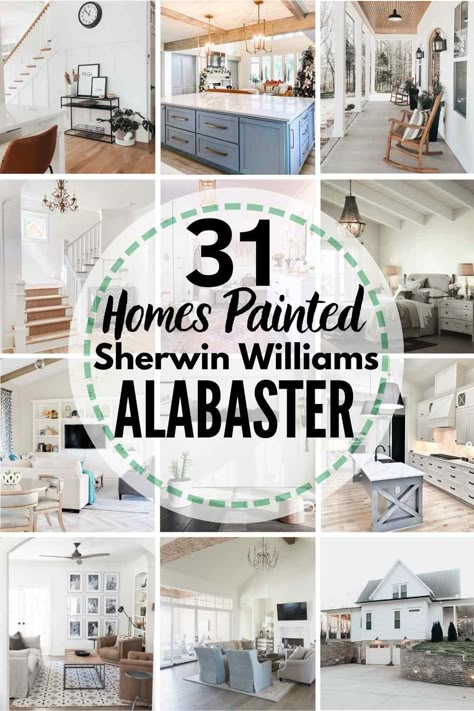 All About Sherwin Williams Alabaster + 31 Real Homes That Use It! See if this is the right paint color for your own home! #alabaster #sherwinwilliams #sherwinwilliamsalabaster #sherwinwilliamsalabasterwalls #sherwinwilliamsalabastercabinets #sherwinwilliamsalabasterexterior #sherwinwilliamsalabasterbedroom #sherwinwilliamsalabasterwhite #sherwinwilliamsalabasterbathroom #sherwinwilliamsalabasterkitchen #sherwinwilliamsalabastertrim #sherwinwilliamsalabasterlivingrooms #... She Twin Williams Alabaster, Stucco Sherwin Williams, Sherwin Williams Alabaster Cabinets, Sw Alabaster Exterior, Alabaster Sherwin Williams Cabinets, Sw Alabaster Walls, Sherwin Williams White Paint Colors, Alabaster Sherwin Williams, Pale Oak Benjamin Moore