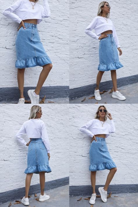 2021 New Style Women's High Waist Jeans Skirt Ladies Skinny Cowboy Denim Skirt Knee-Length Jean Skirts For Ladies Outfits Short Women, Jean Skirt Outfit, Denim Skirt Knee Length, Knee Length Jean Skirts, Classy Mom, Cowboy Denim, Mom Clothes, Jean Skirt Outfits, Jean Skirts