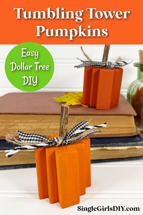 Dollar Tree Tumbling Tower blocks game pieces are used to make cute mini pumpkins in this Autumn DIY project. Tumbling Block Pumpkins, Dollar Tree Jenga Block Pumpkin, Jenga Pumpkins, Dollar Tree Tumbling Tower Blocks Diy, Jenga Crafts Ideas, Tumbling Tower Block Crafts Diy, Mini Jenga Block Crafts, Wood Pumpkins Diy, 2x4 Crafts