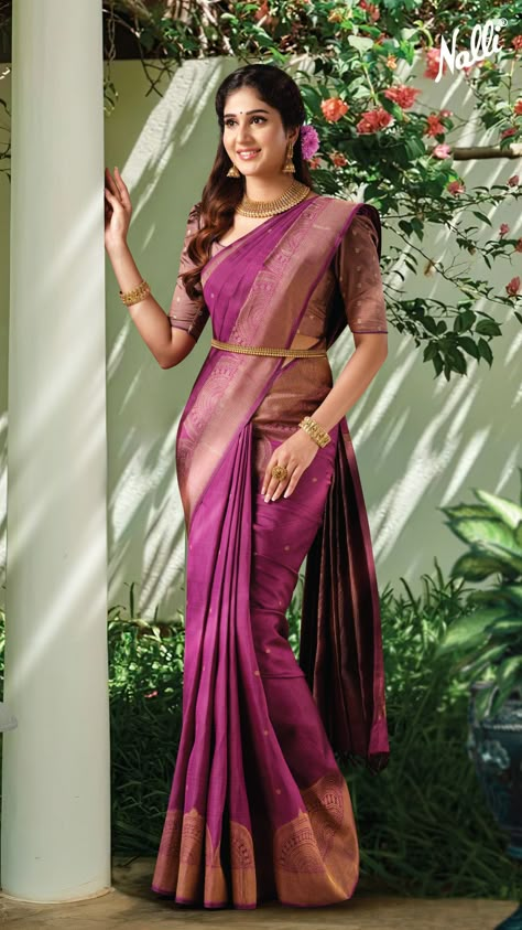 This maroon Kanchipuram silk saree is crafted in zari butta designs all over the body, with an elaborate zari-patterned border and pallu. Pair this saree with a gold choker, jhumkas, and a belt to achieve the traditional look. Indian Engagement Saree, Purple Kanchipuram Saree, South Indian Wedding Saree, South Indian Bride Saree, Engagement Saree, Saree With Belt, Simple Saree Designs, Bridal Sarees South Indian, Indian Bridal Sarees